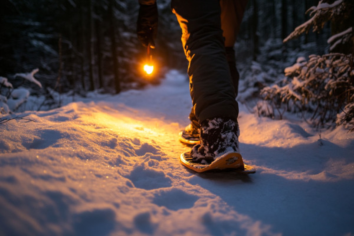 Homme tenant une lampe marchant dans la neige